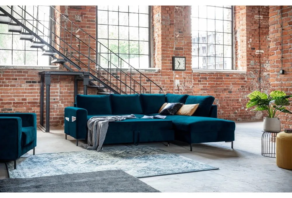 Türkiz bársony kinyitható sarokkanapé (jobb oldali) Lofty Lilly – Miuform
