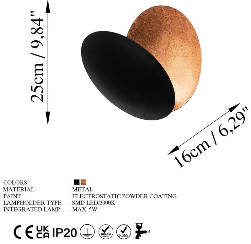 Fekete-rézszínű LED fali lámpa ø 25 cm Yosma – Opviq lights