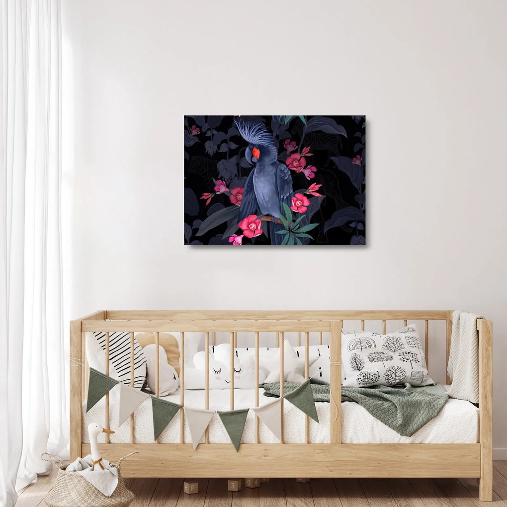 Kép - papagáj a virágok között (üvegen) (70x50 cm)