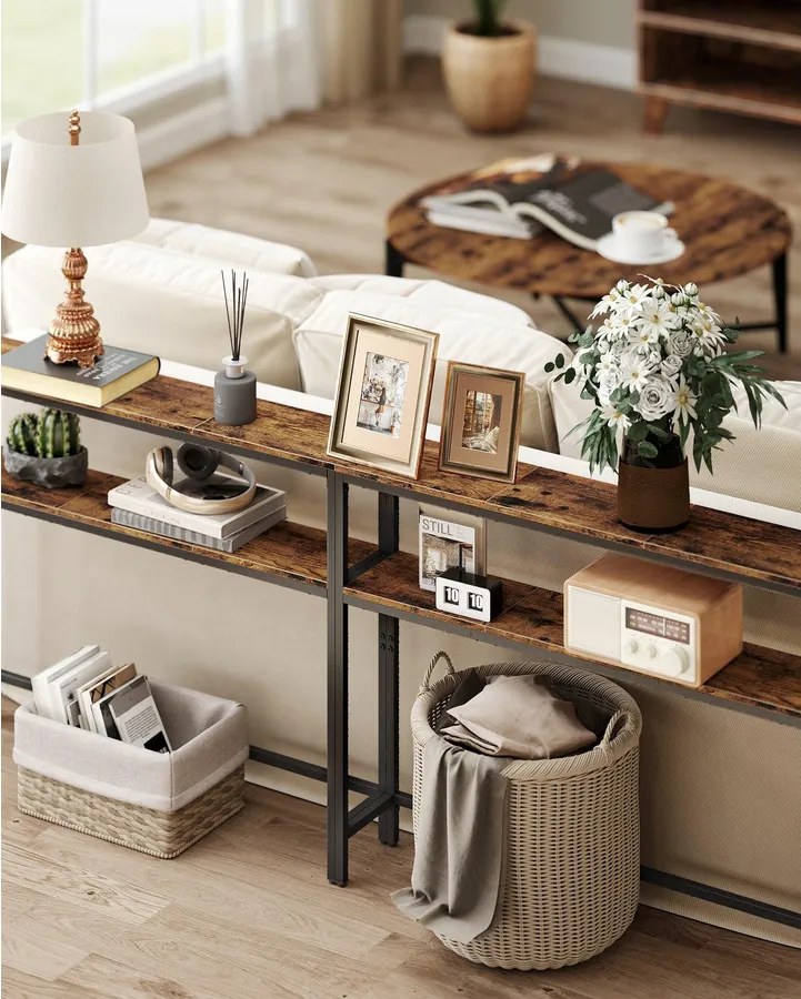 Előszobai konzolasztal, 2 szintes, rusztikus barna és fekete színben