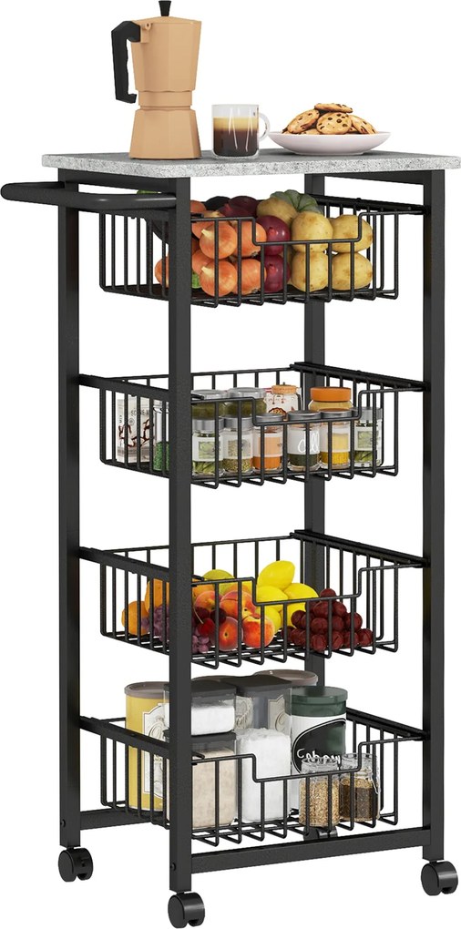 HOMCOM Konyhai Kocsi Zöldségállvány 4 Csúszó Kosárral és Acél Kerettel Mobil Kocsi Kerekekkel Étkezőbe 49.5x31x91 cm Világosszürke | Aosom