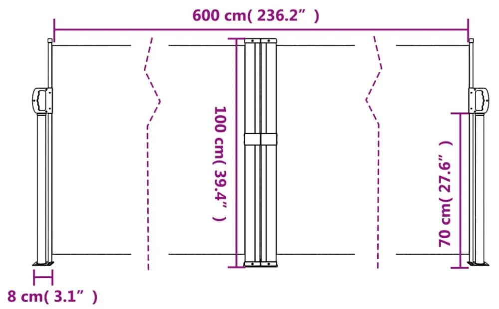 fekete behúzható oldalsó napellenző 100 x 600 cm
