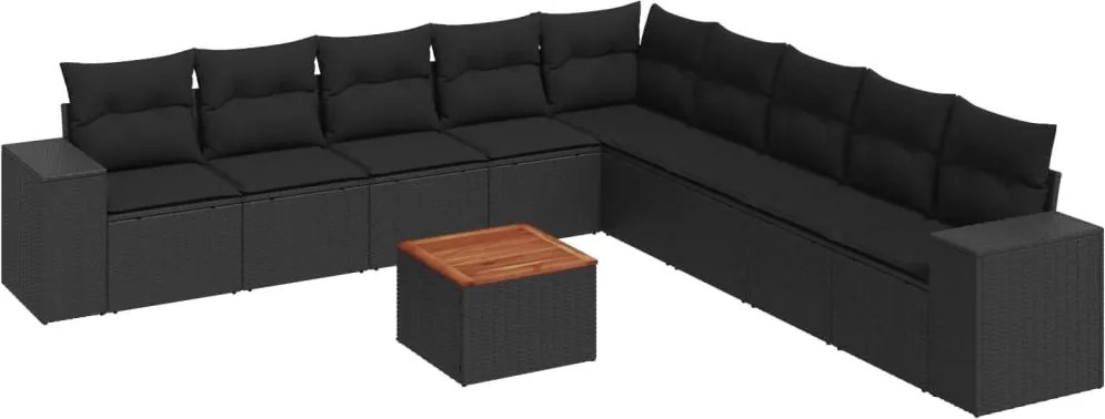 vidaXL 10 részes fekete polyrattan kerti ülőgarnitúra párnákkal
