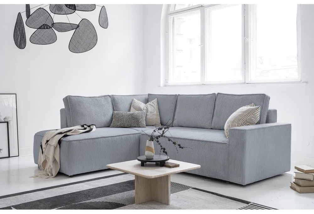 Világosszürke kordbársony kinyitható sarokkanapé (bal oldali) Brave Dave – Miuform