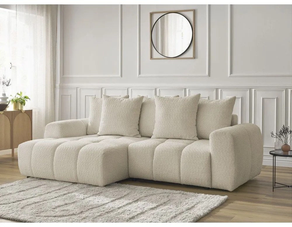 Bézs buklé kinyitható-tárolóhelyes sarokkanapé (bal oldali-heverő résszel) Roxelane – Bobochic Paris