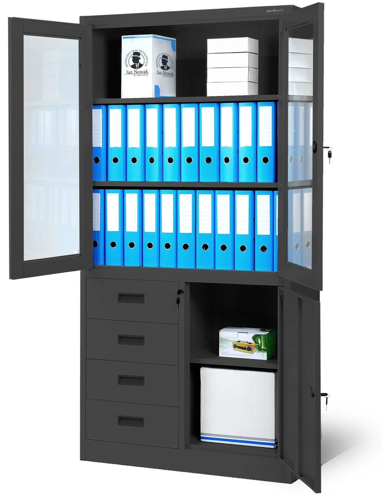 Fém iratszekrény vitrinnel és fiókokkal WIOLA, 900 x 1850 x 400 mm, antracit