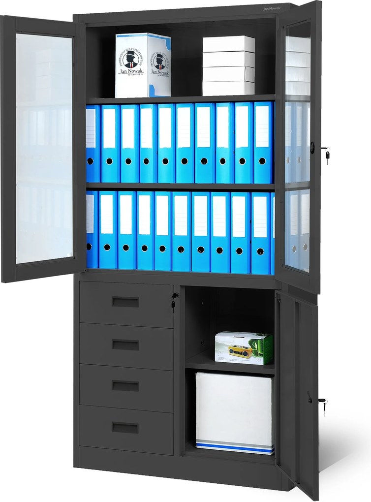 Üveges irodai iratszekrény 4 fiókkal, antracit színű, 900x1850x400 mm: WIOLA