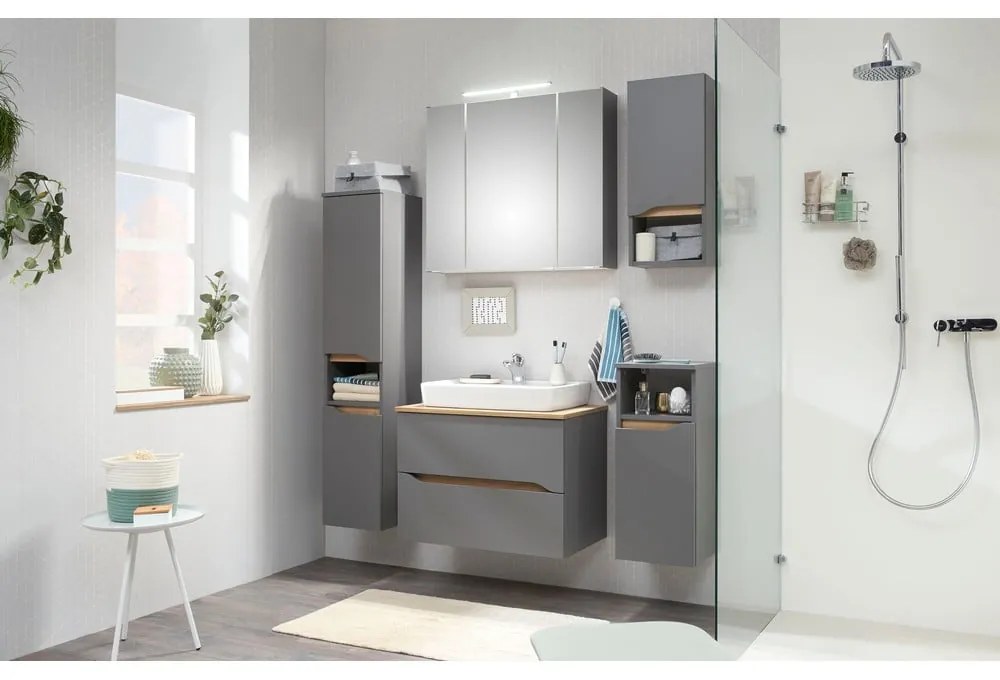 Szürke függő fürdőszoba szekrény tükörrel 80x70 cm Set 357 - Pelipal