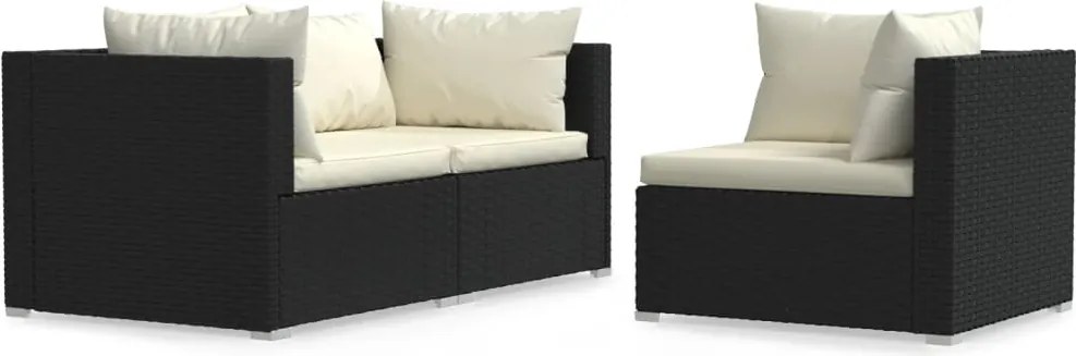 vidaXL 3 részes fekete polyrattan kerti ülőgarnitúra párnákkal