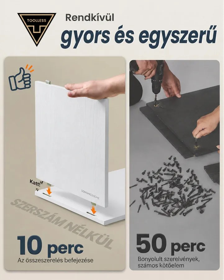 Keskeny éjjeliszekrény 2 nyitott rekesszel és fiókkal, szerszám nélküli összeszereléssel, 30 x 25 x 59,4 cm, hófehér
