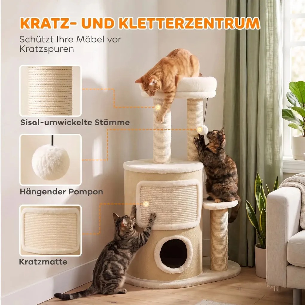PawHut Kaparófák macskabútor kétszintes kaparóhordóval, platformmal, szizál deszkával, játéklabdával, bézs