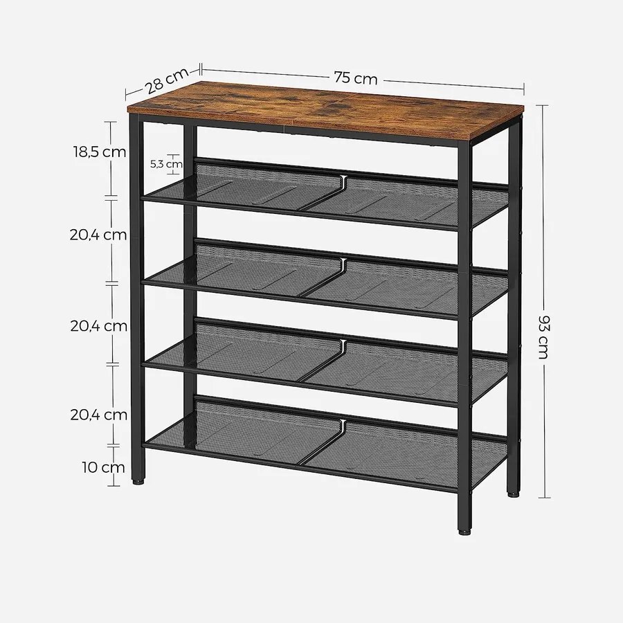 5 szintes cipőtartó 20–25 pár cipőhöz, 75 × 28 × 93 cm, rusztikus barna-fekete