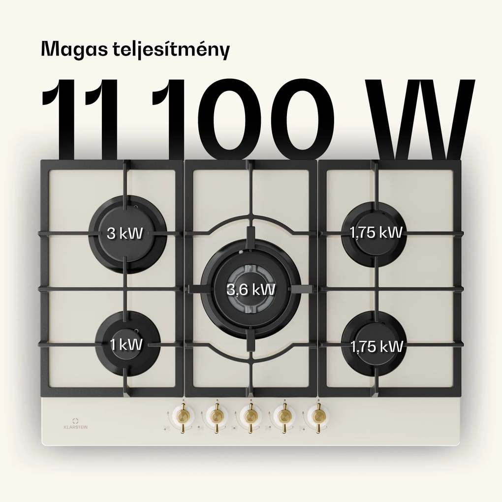 Klarstein Victoria 5, gázfőzőlap, 5 Sabaf égők, üvegkerámia, retró külső