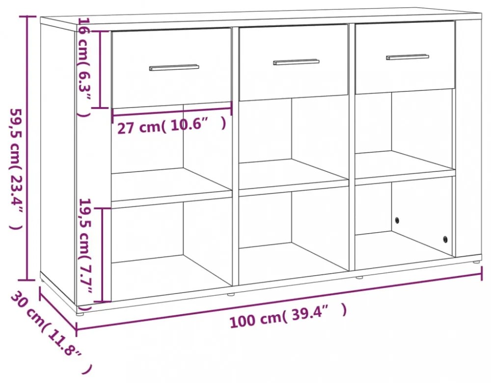 füstös tölgy színű szerelt fa tálalószekrény 100x30x59,5 cm
