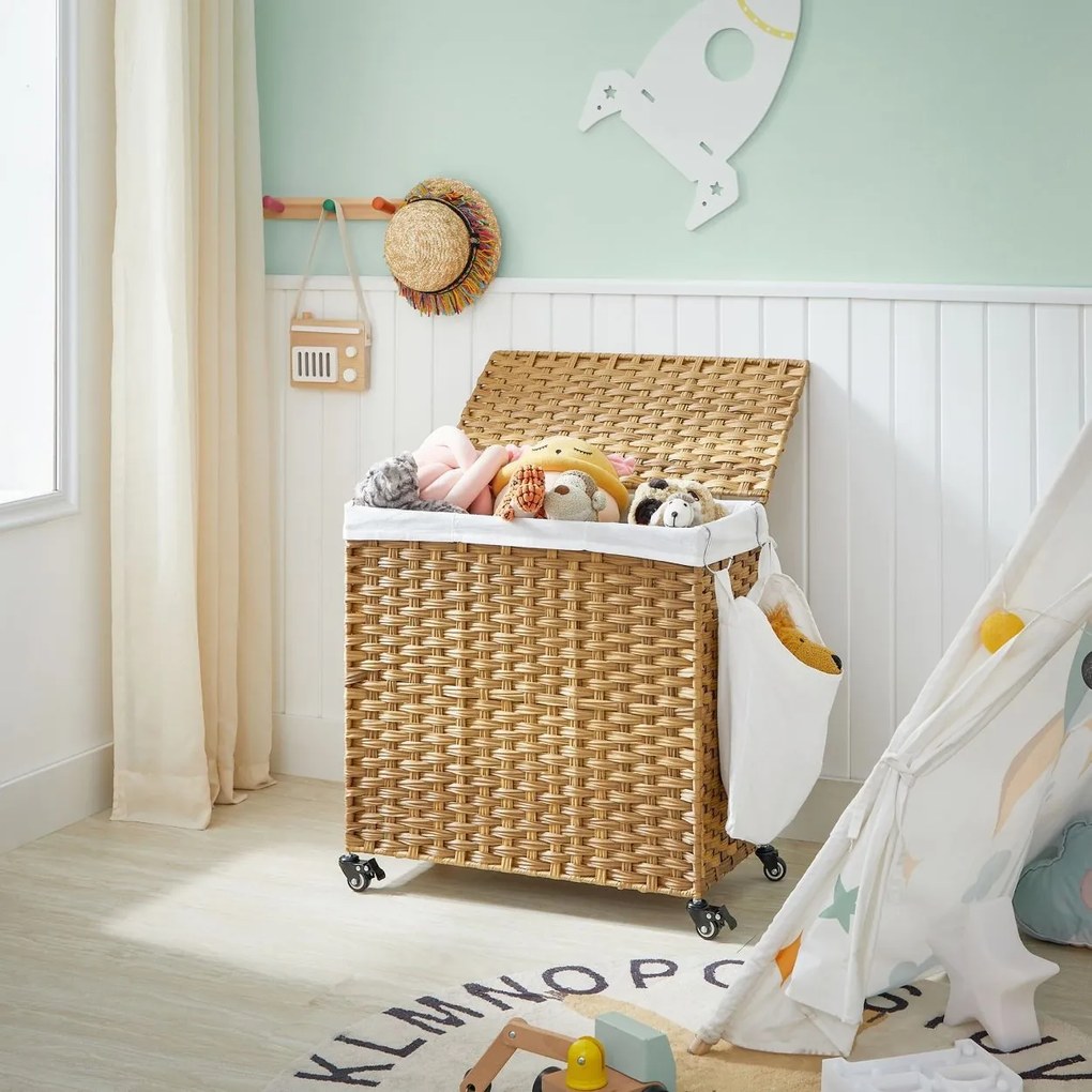 Kézzel fonott rattan stílusú szennyeskosár 3 rekesszel 140L, natúr