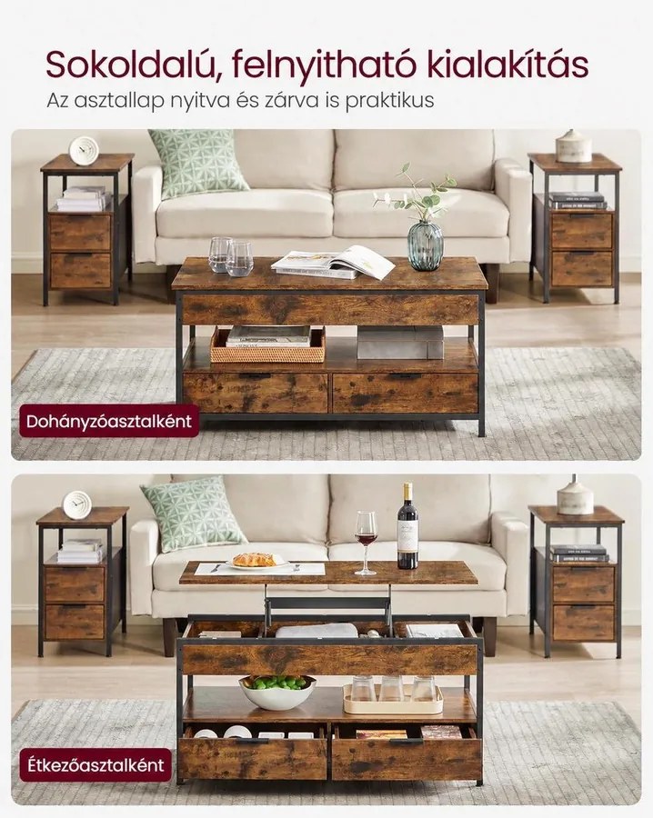 VASAGLE felnyitható dohányzóasztal 2 fiókkal, 3 rejtett rekesszel és polccal, 100 x 50 x 48–63 cm, rusztikus barna/tintafekete