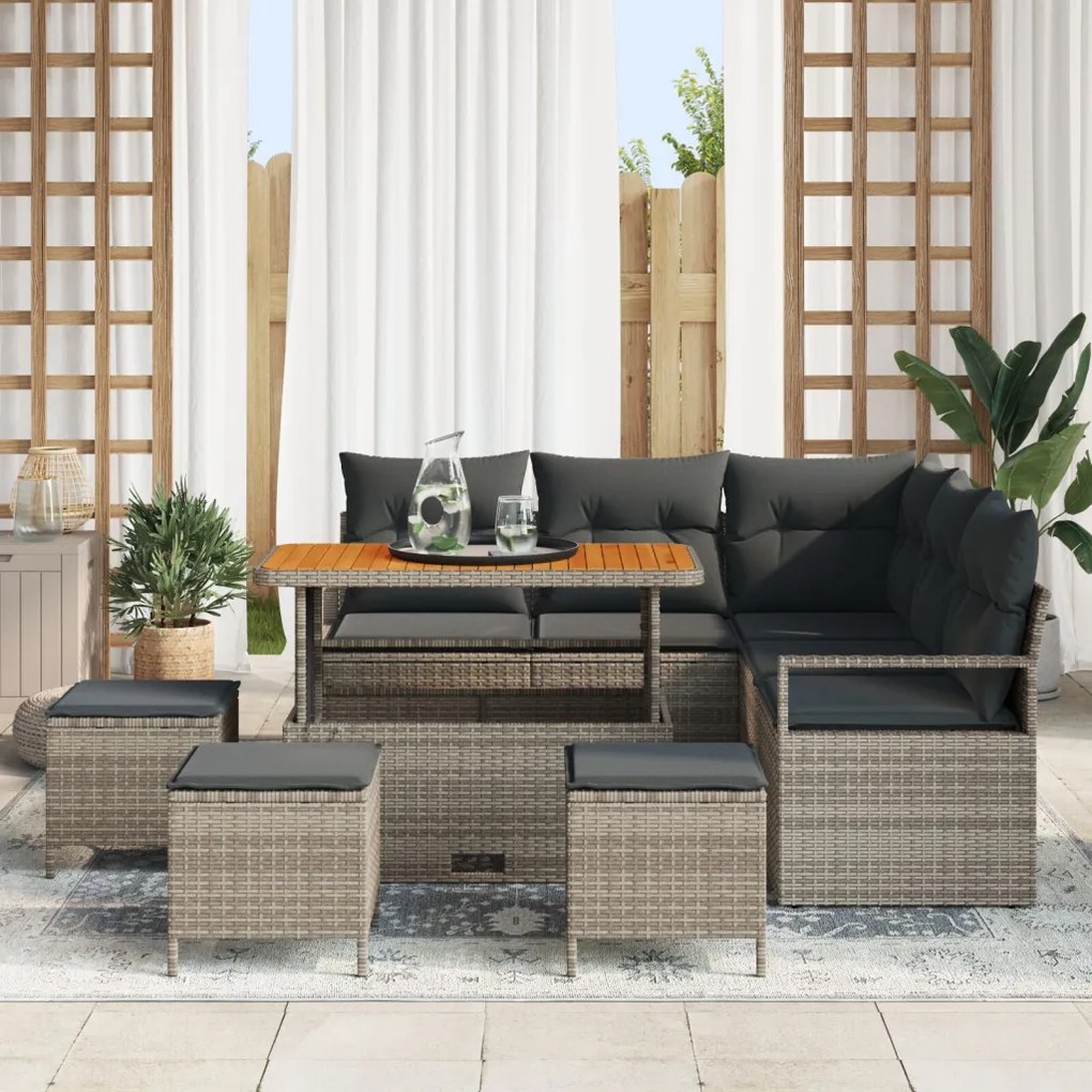 8 részes kerti kanapé szett párnákkal, szürke poly rattan akáciából, 2 fős kerti kanapé párnákkal, szürke poly rattan, 3 részes kerti étkező szett párnákkal, szürke poly rattan akáciából