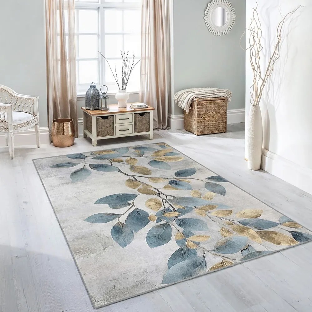 Világoskék-aranyszínű mosható szőnyeg 80x150 cm Golden Leaves – Mila Home