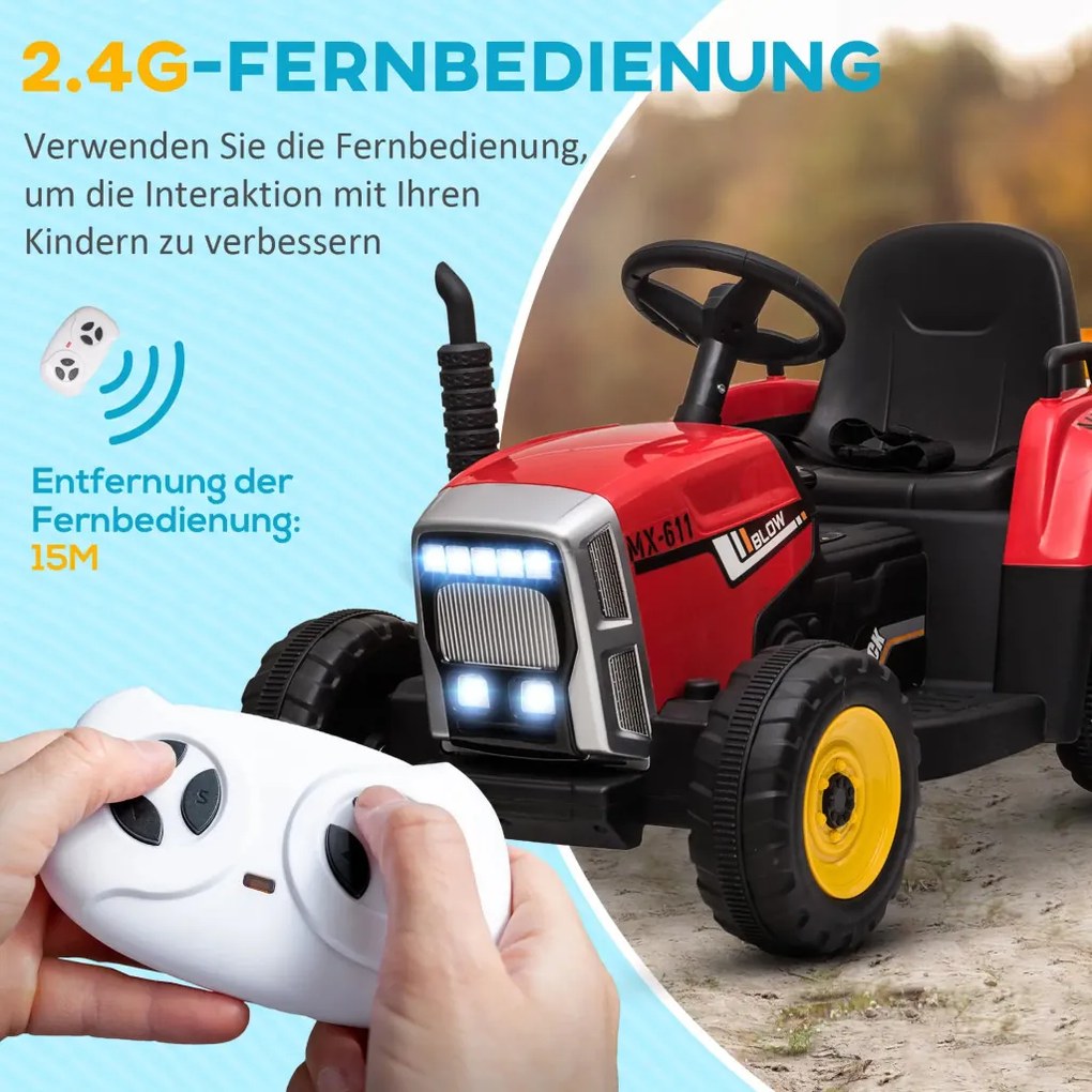 HOMCOM Elektromos gyerekautó, gyerek traktor, szülői távirányítóval, max. 6 km/h sebesség; piros-fekete