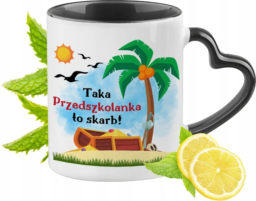 Fekete bögre szív alakú füllel óvónőnek ajándékba