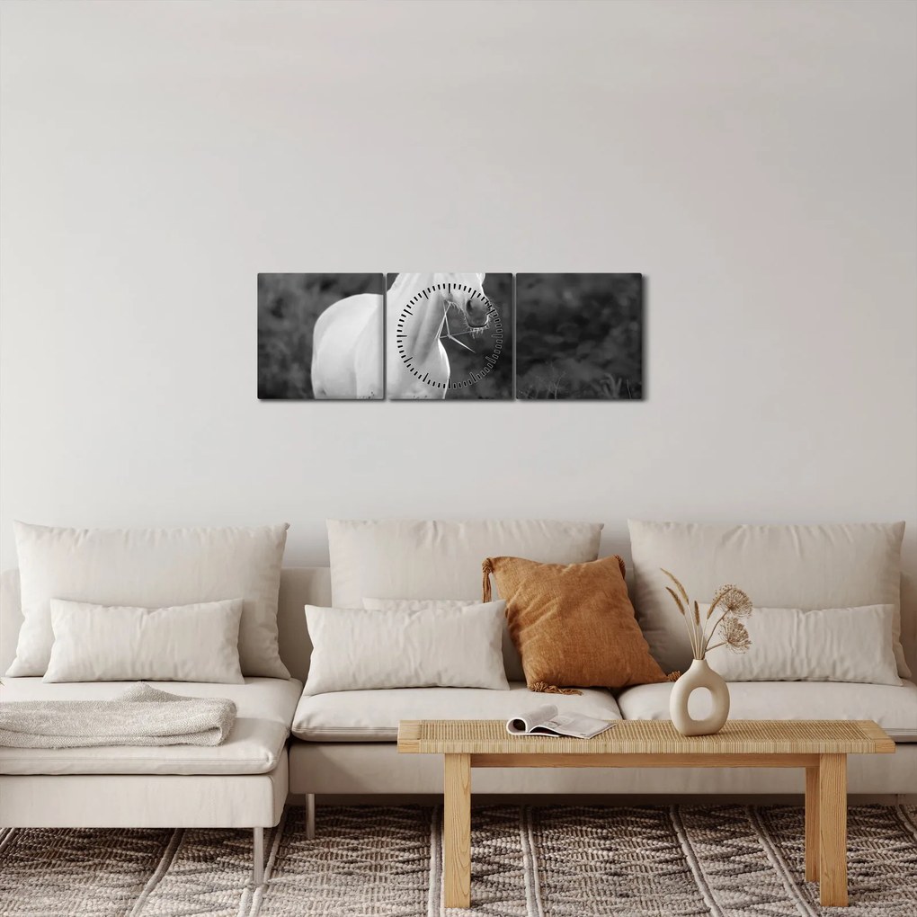 Egy fehér ló képe egy réten, fekete-fehér (órával) (90x30 cm)