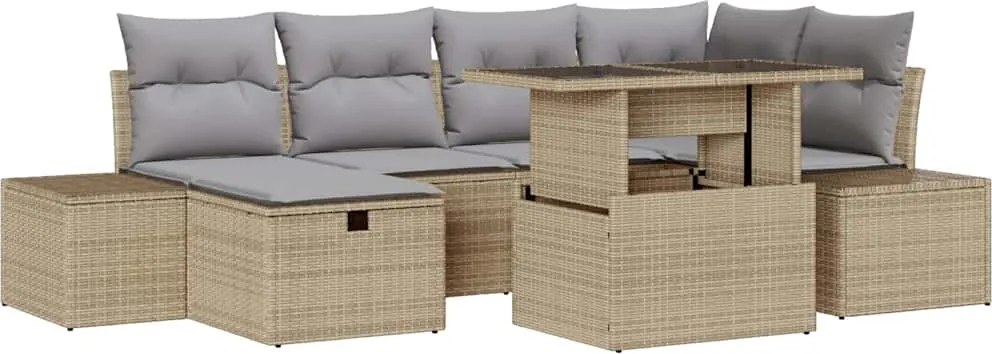 vidaXL Kerti Kanapé Szett párnával tárolóval 7 pcs Bézs Poli rattan