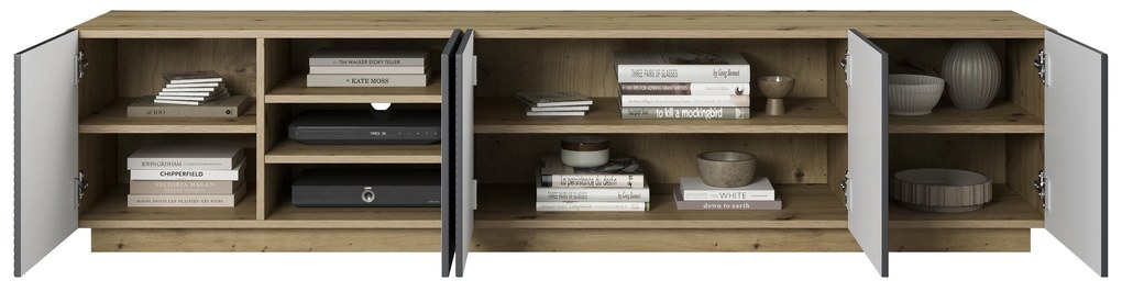 Asha ötajtós bordázott frontos TV szekrény 200 cm - artisan tölgy / rivier stone matt