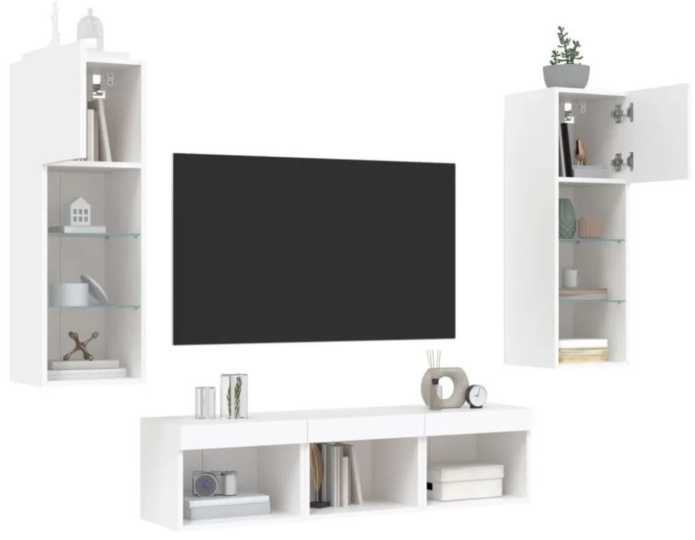5 darab fehér szerelt fa fali TV-bútor LED-del