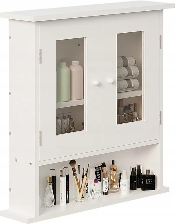 Függő Fürdőszoba Szekrény Fehér 2 Ajtós Üveg Fali Loft Polc 58 CM