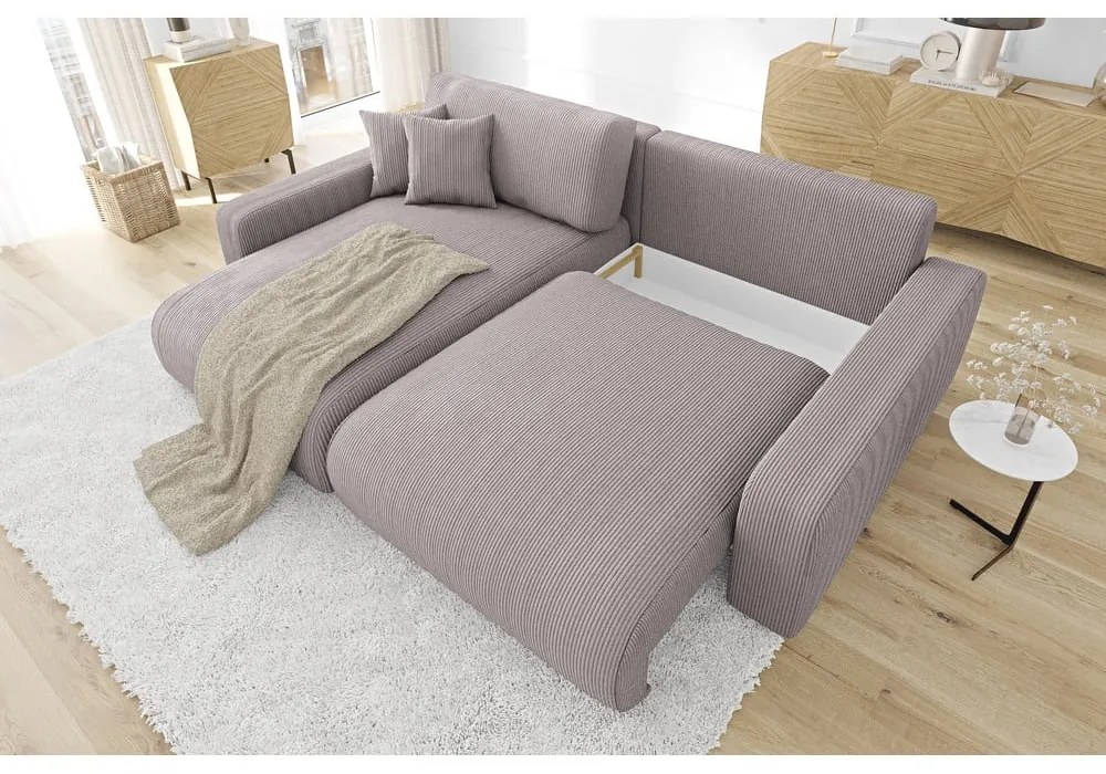 Világos rózsaszín kordbársony kinyitható sarokkanapé (variálható) Sara – Ropez