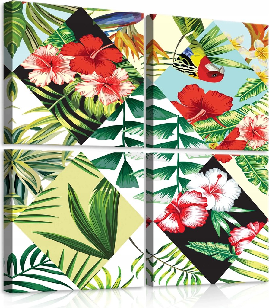 Vászonkép 50x50 Trópusok egzotikus levelek virágok hibiszkusz papagáj flamingó dzsungel