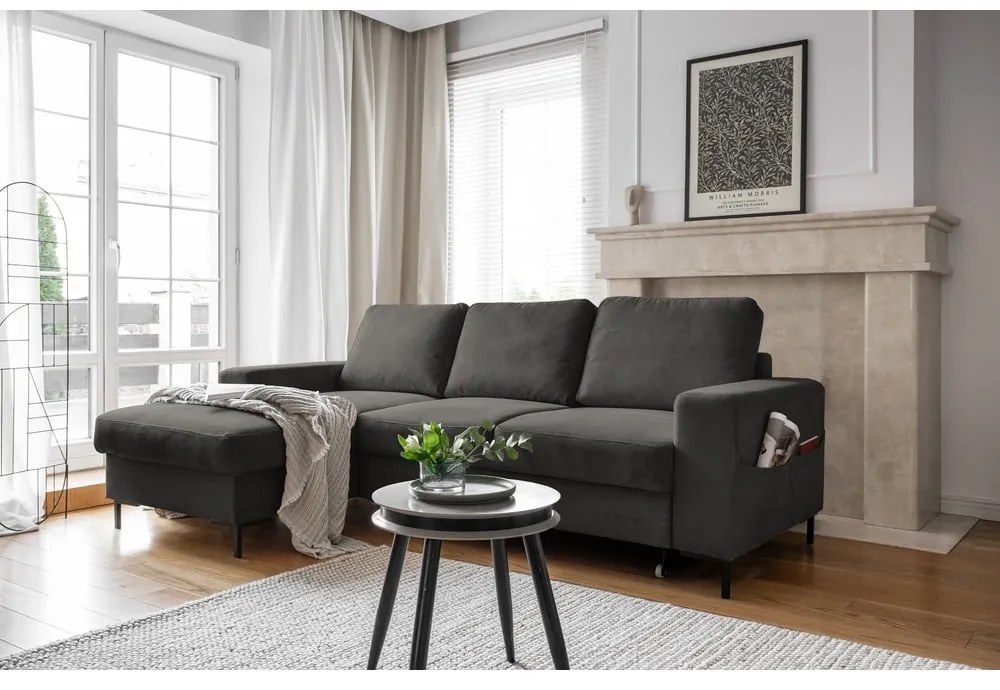 Sötétszürke kordbársony kinyitható sarokkanapé (bal oldali) Lofty Lilly – Miuform