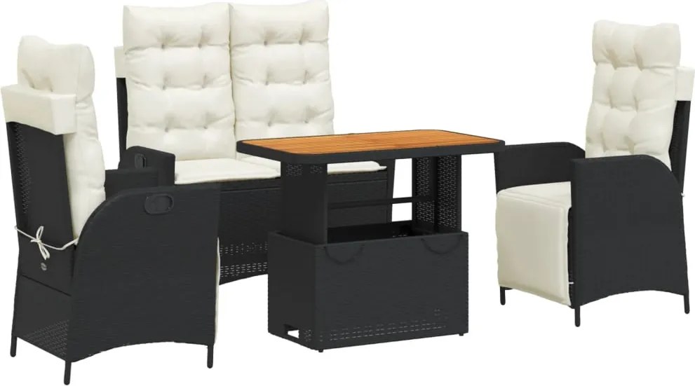 vidaXL 4 részes fekete polyrattan kerti étkezőszett párnákkal