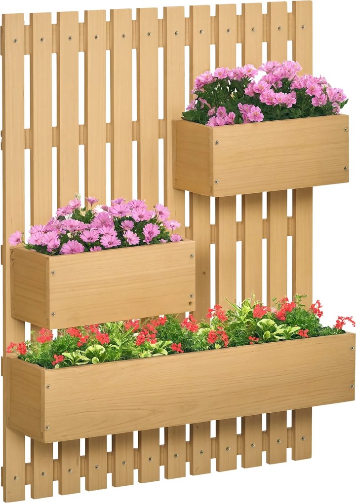 Outsunny Függőleges Fali Virágtartó Rácsos Fa Virágtartó 3 Mobil Csereppel és Draináló Nyílással Kerti Teraszhoz 60x16x80 cm Természetes | Aosom