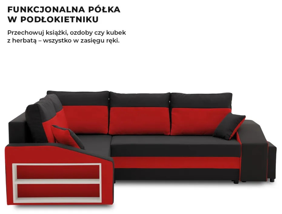 Grande sarokkanapé polcokkal és puffokkal , polc a bal karfaban puffok a jobb karfaban, baloldali, szövet anyag, bonell töltet, fekete - piros