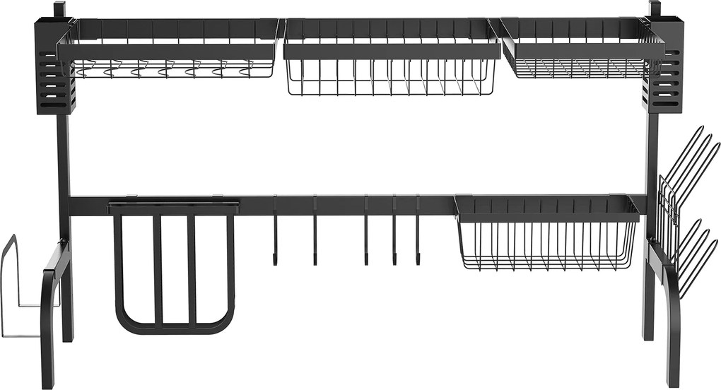 HOMCOM Tányérszárító Rács, 2-Tier Tányértartó Állvány Akasztókkal, Kiegészítőkkel, 100 cm Tányérlefolyó Állvány a Konyhai Mosogatóhoz, Acél, Fekete |
