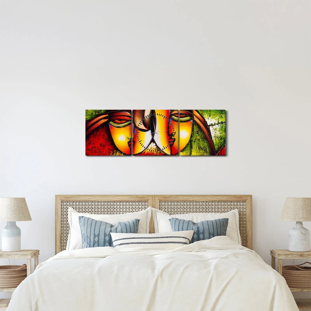 Kép - olajfestmény, absztrakt arcok (órával) (90x30 cm)