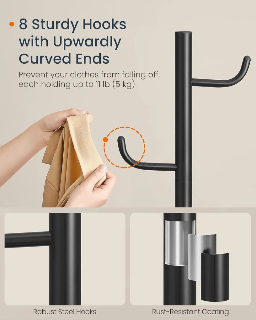 Kaktusz alakú ruhafogas állvány, 175,3 cm magas, fekete tintaszínben