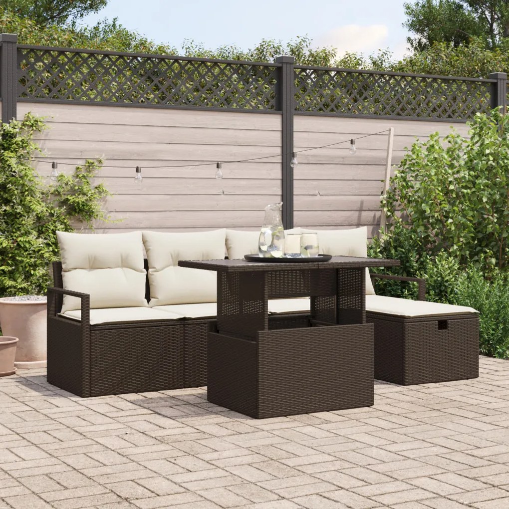 6 darabos Kerti Kanapészett Párnákkal Barna Poly Rattan, 2 személyes Kerti Kanapé Tárolóval &amp; Párnákkal Barna Poly Rattan