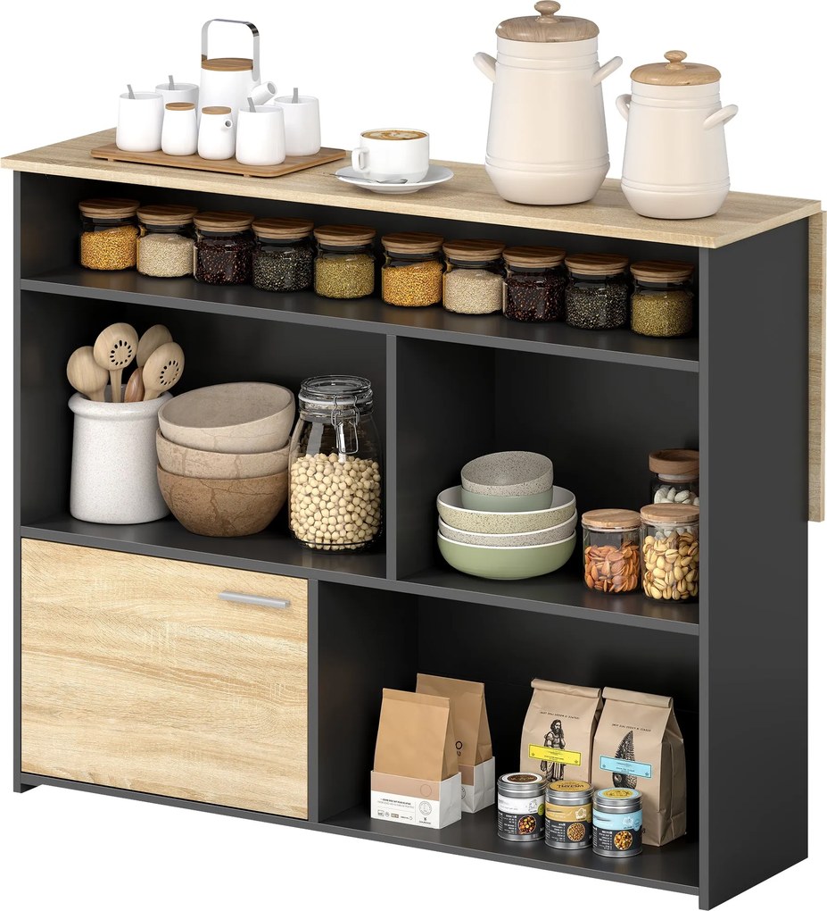 HOMCOM kihajtható bárasztal lehajtható lappal — magas konyhai asztal 1 szekrénnyel és 4 nyitott rekesszel, modern kéttónusú kialakítás kis terekhez, 1