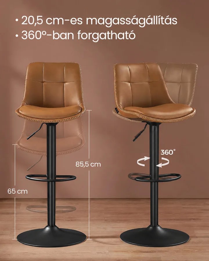 VASAGLE bárszék szett, 2 db, állítható magasságú, forgatható, karamellbarna