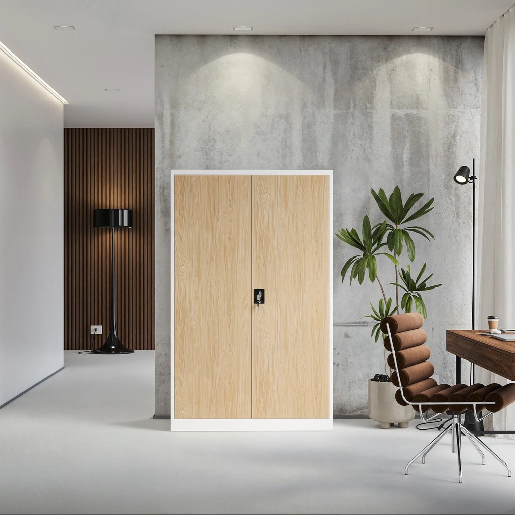 Fém irodai iratszekrény, széles, fehér/sonoma tölgy, 1150x1850x400 mm: JAN II Eco Design
