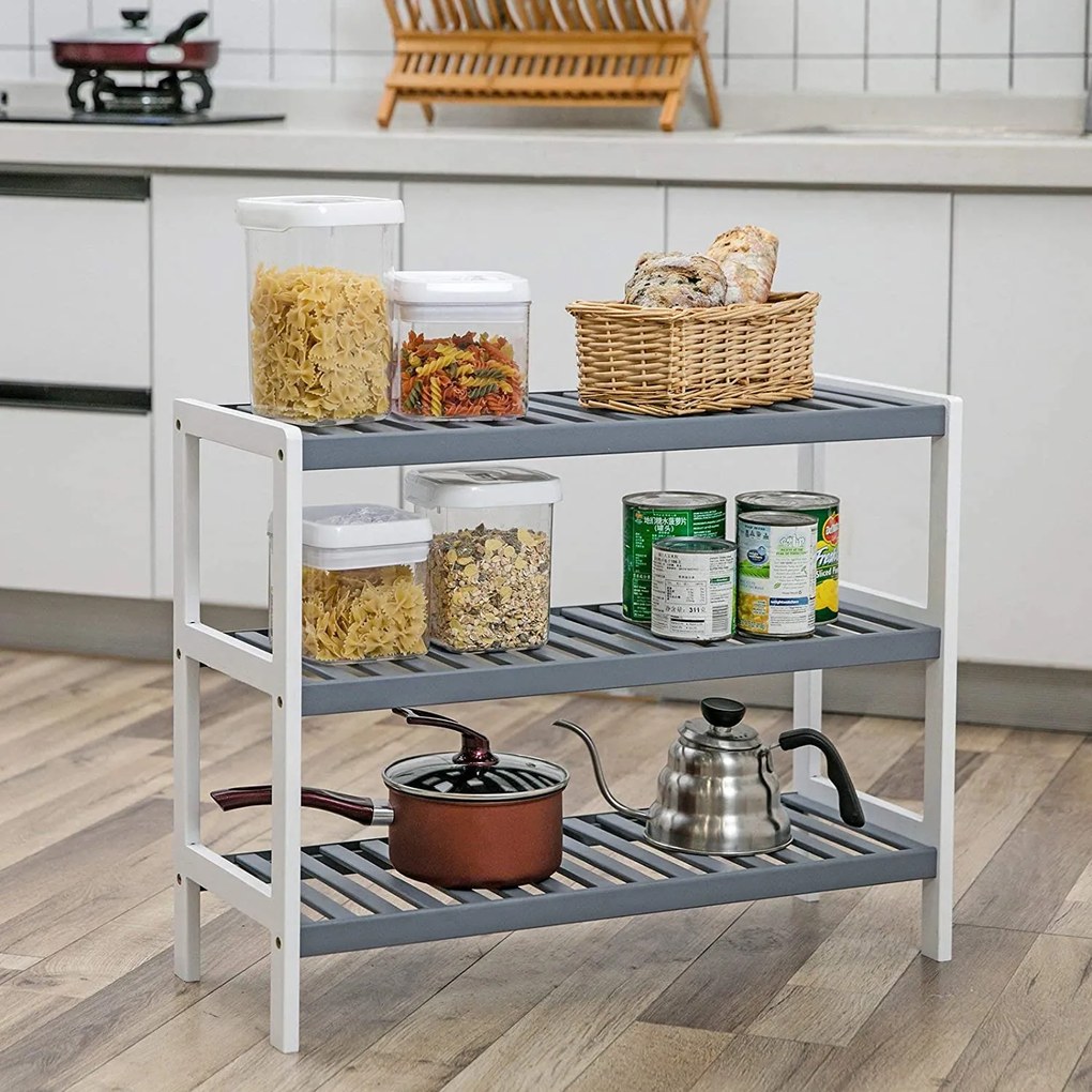 Bambusz cipőtartó, 3 szintes tárolópolc,  70 x 26 x 55 cm, fehér és szürke