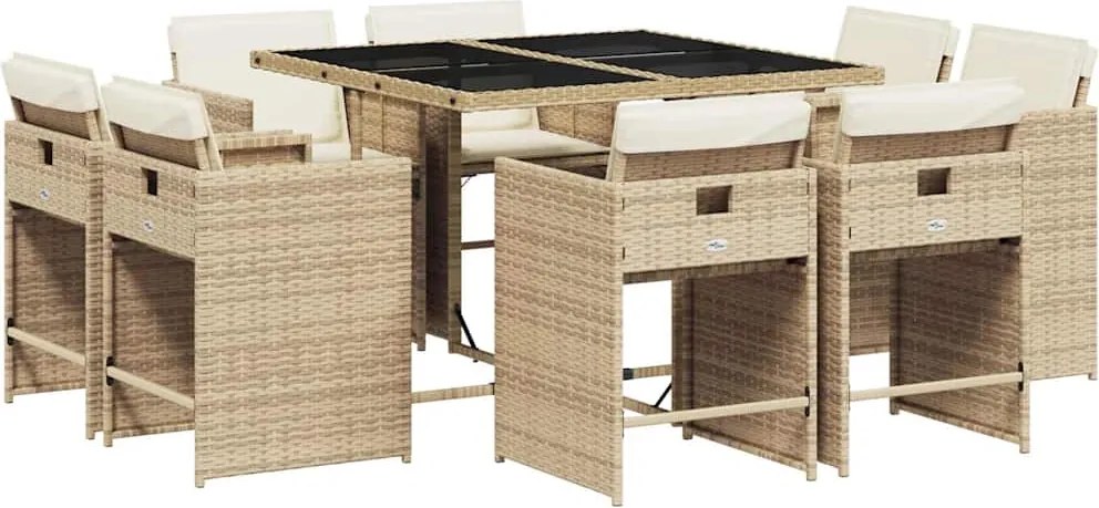 vidaXL 9 részes bézs polyrattan kerti étkezőgarnitúra párnákkal