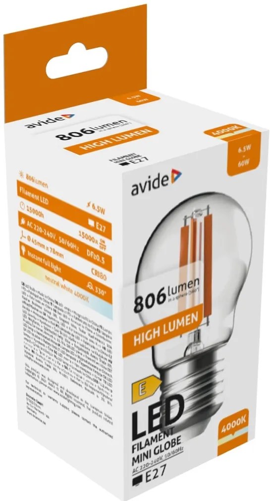 Avide LED Filament Mini Globe 6.5W E27 806LM NW 4000K High Lumen