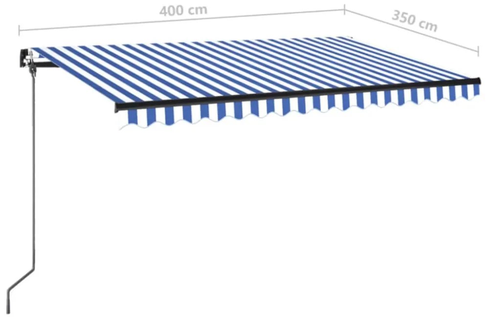 kék és fehér kézzel kihúzható LED-es napellenző 400 x 350 cm
