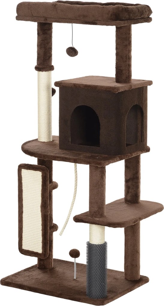 PawHut Macska Kaparófa 132 cm Magas Macska Fa Macska Torony Platformokkal, Kefe, Lógó Labdákkal és Kaparó Lappal Barna | Aosom