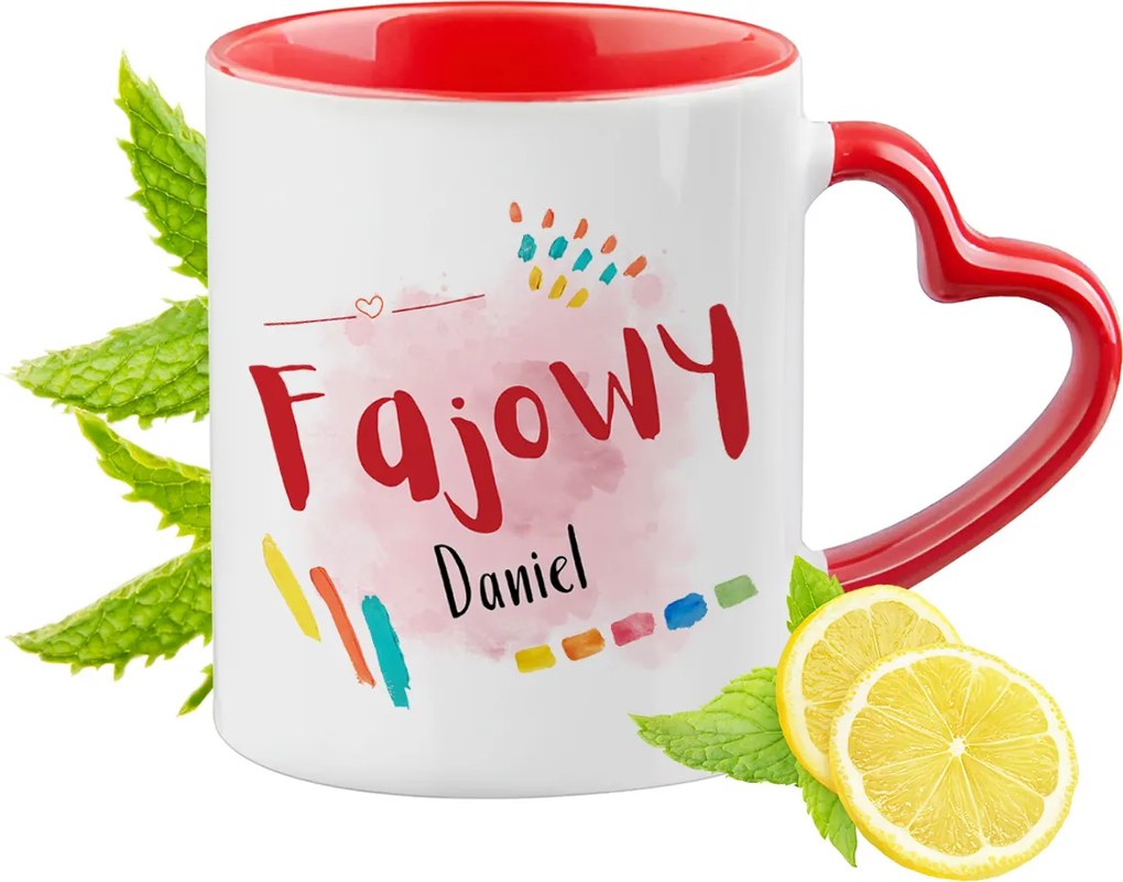 Danielnek Piros bögre szív alakú füllel ajándékba