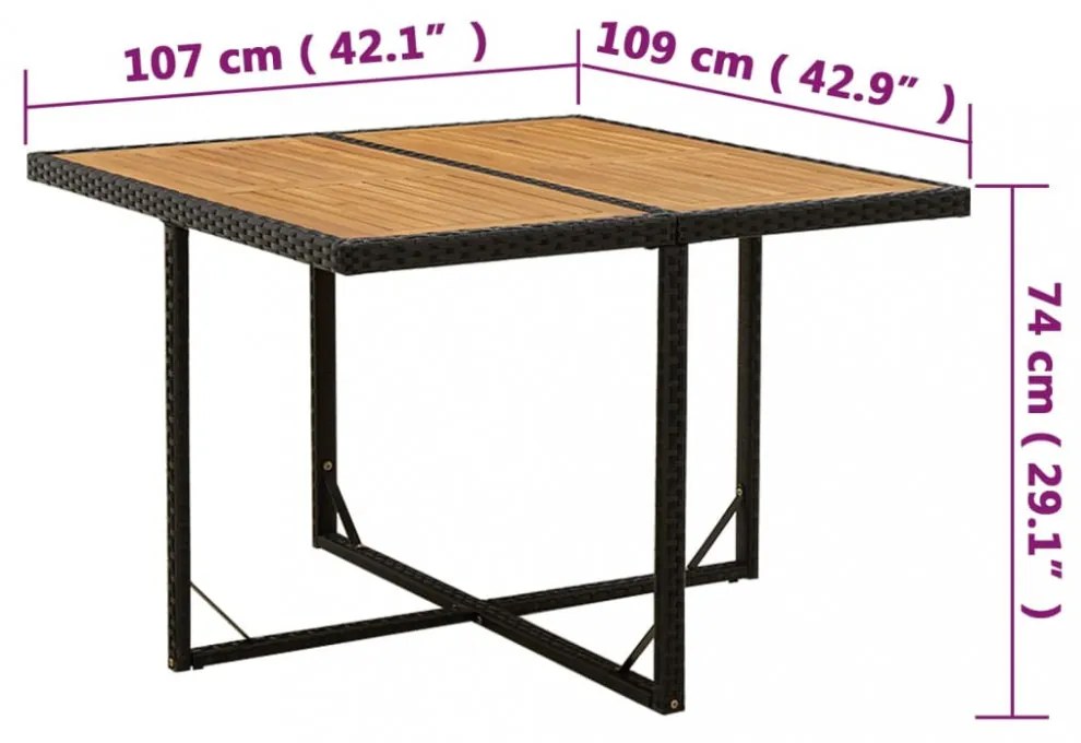 fekete polyrattan és tömör akácfa kerti asztal 109x107x74 cm