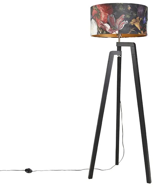 Állólámpa állvány fekete árnyékolóval virágmintával 50 cm - Puros